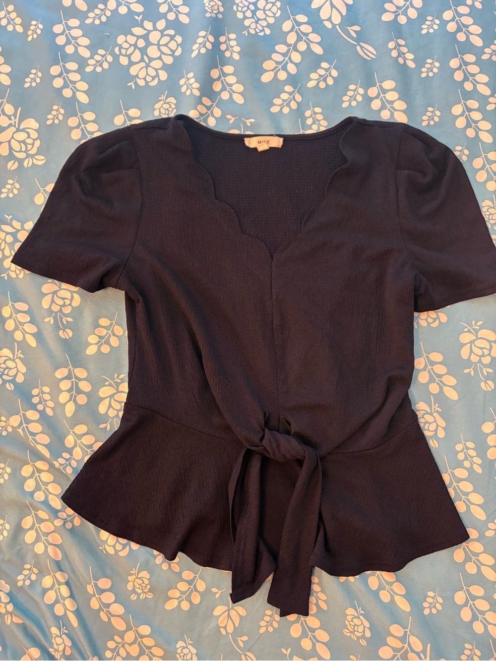 mine Navy Scalloped Tie-Front Peplum Blouse